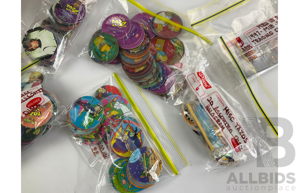 Collection of Vintage Tazos Including Looney Tunes, Space Jam, the Simpsons with Learn Yo Yo Kit, Pokemon Hat, Sonic the Hedge Hog Bag, Tiny Teddy and Flower Tins, Vintage Riders Shorts