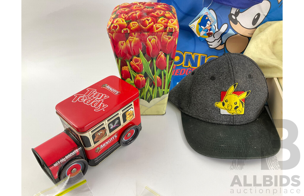 Collection of Vintage Tazos Including Looney Tunes, Space Jam, the Simpsons with Learn Yo Yo Kit, Pokemon Hat, Sonic the Hedge Hog Bag, Tiny Teddy and Flower Tins, Vintage Riders Shorts