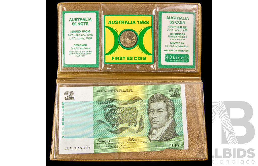 Australian 1988 First Two Dollar Coin, Last Two Dollar Note Wallet