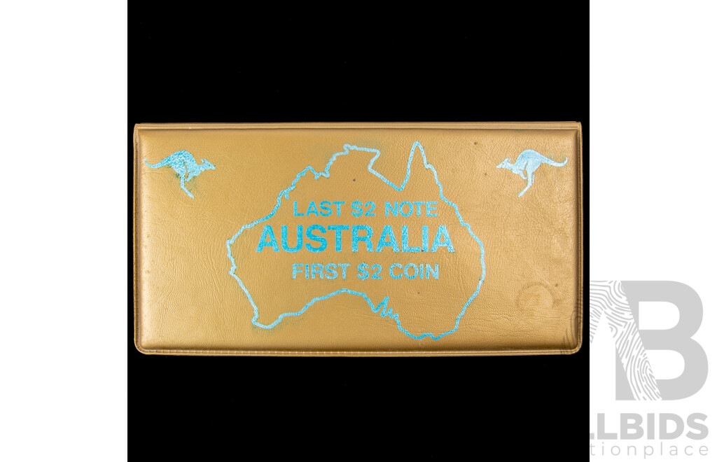 Australian 1988 First Two Dollar Coin, Last Two Dollar Note Wallet