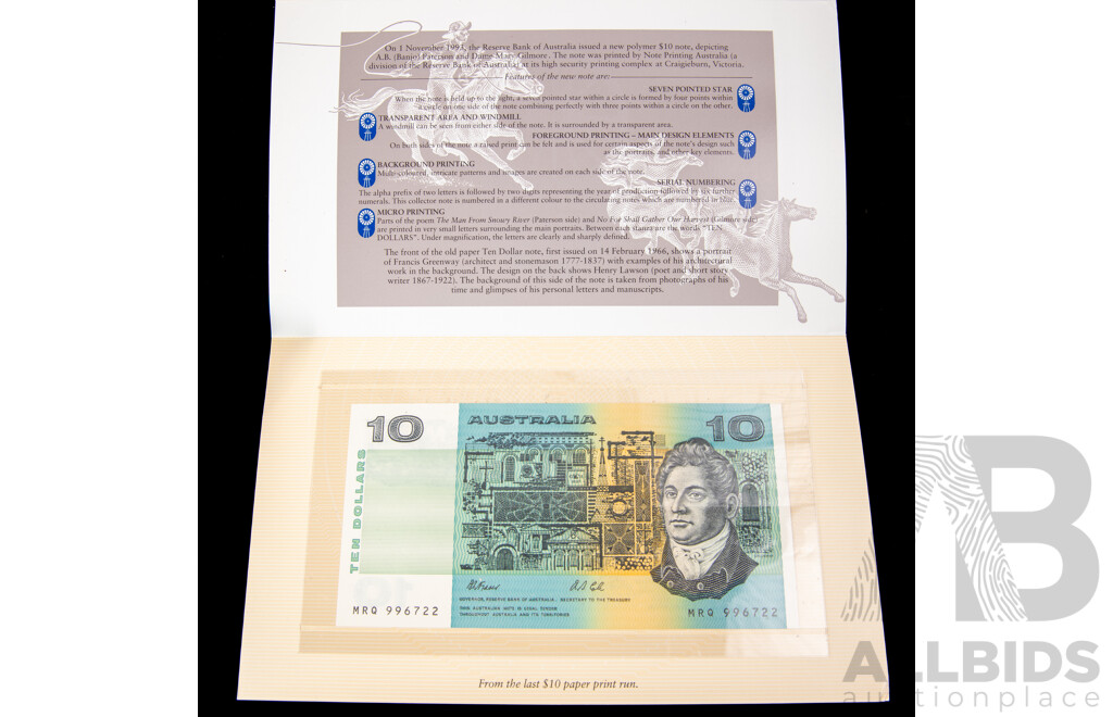 Australian 1993 First Ten Dollar Polymer Note, Last Ten Dollar Paper Note Folder