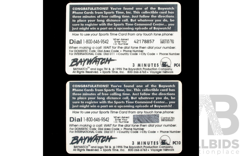 Two USA Bay Watch Three Minute Phone Cards