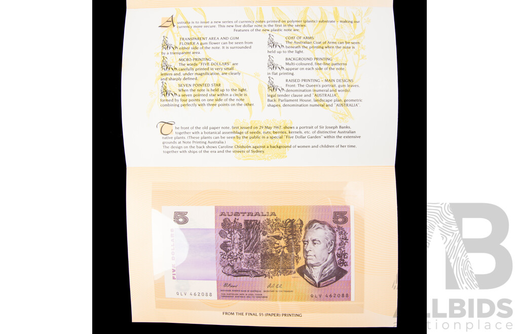 Australian First Five Dollar Polymer Note, Last Five Dollar Paper Note, Fraser/Cole
