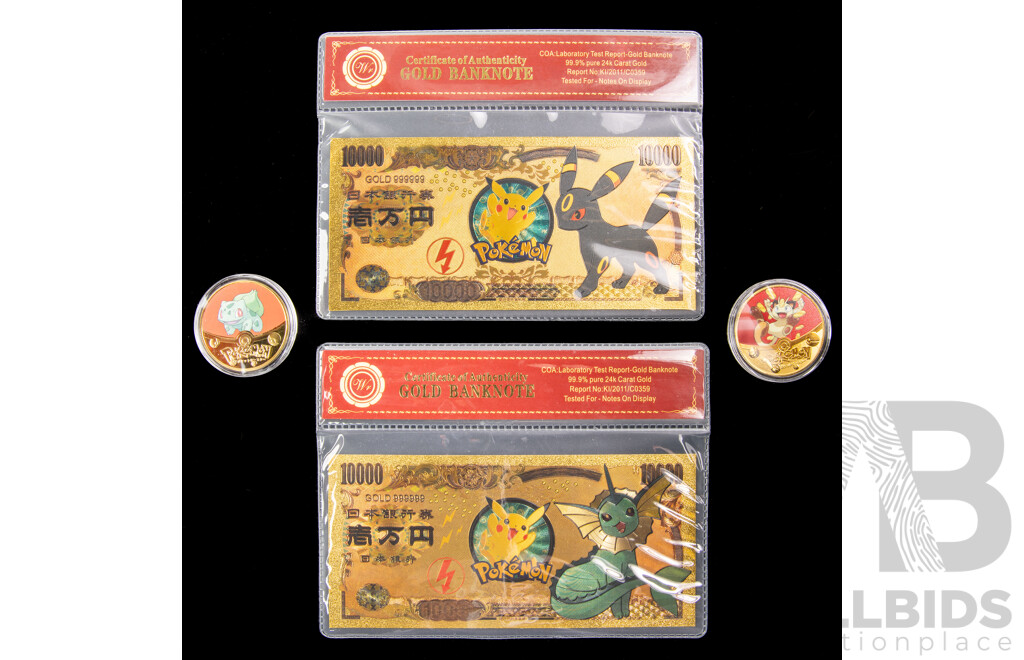 Pokemon Gold Tone Coins and Bank Notes