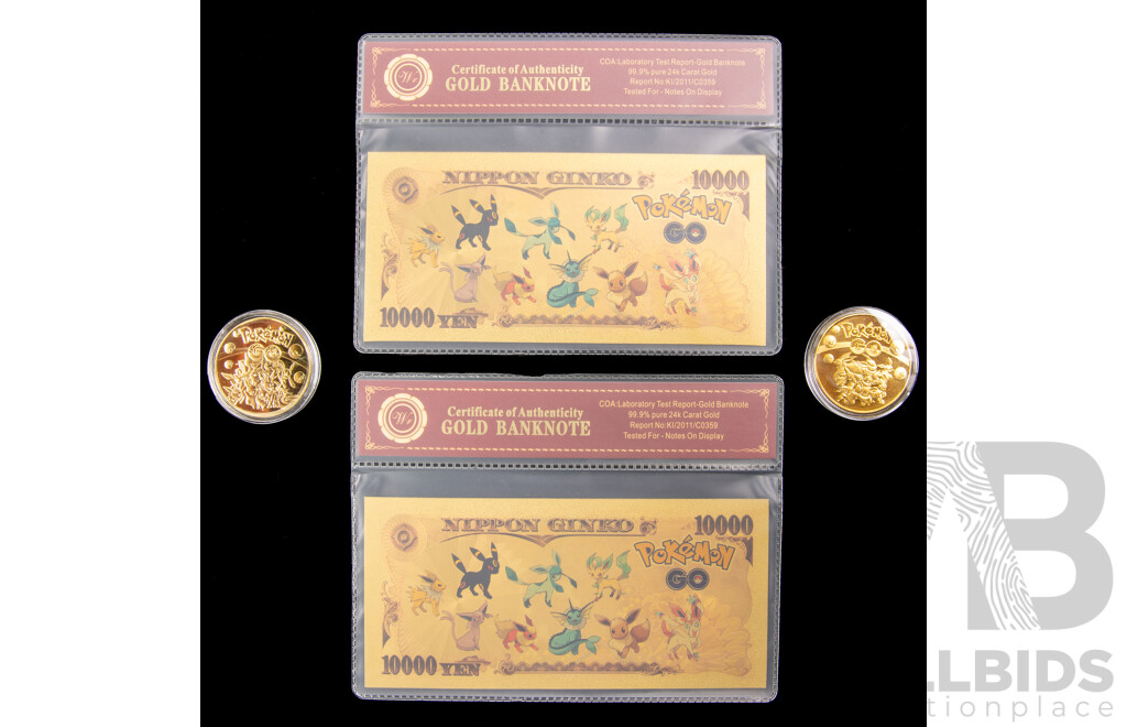Pokemon Gold Tone Coins and Bank Notes