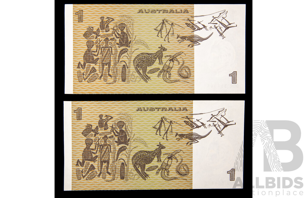 Two Australian 1979 One Dollar Notes Knight/Stone R77, DDQ, DDU