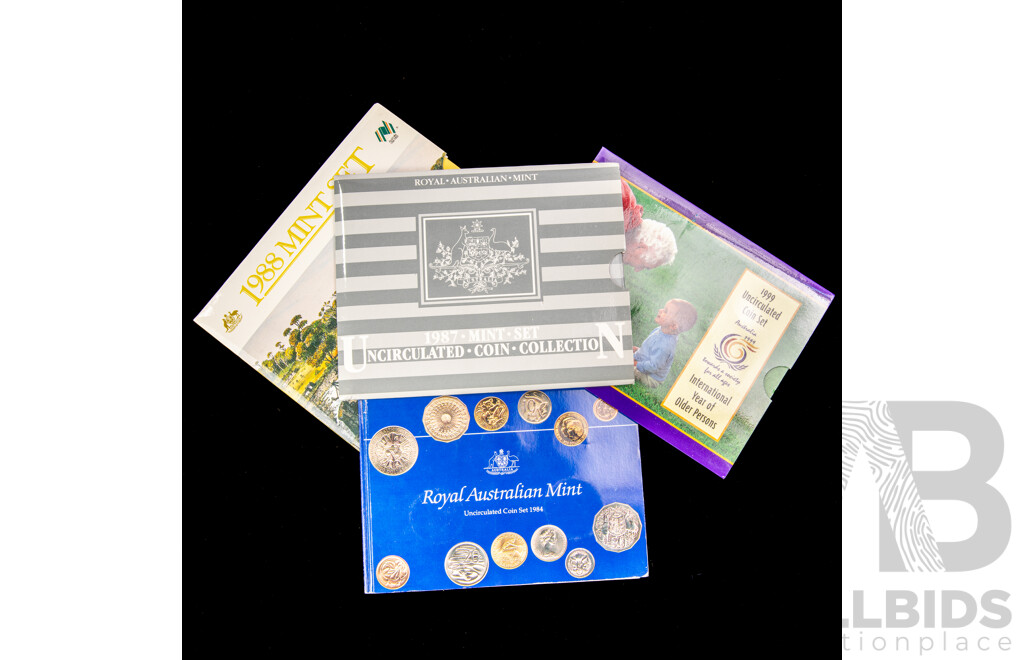 Four Australian RAM UNC Coin Sets Including 1984, 1987, 1988, 1999