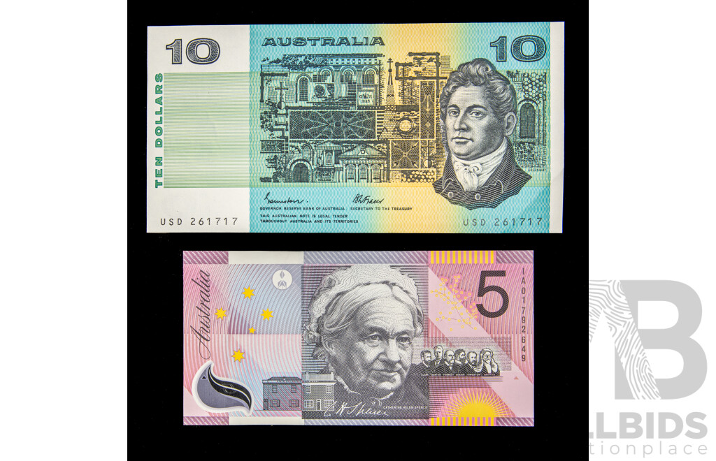Australian 1985 Ten Dollar Note, Johnston/Fraser R309 USD 261717 and 2001 Five Dollar Note, Macfarlane/Evans R219 1A01792649