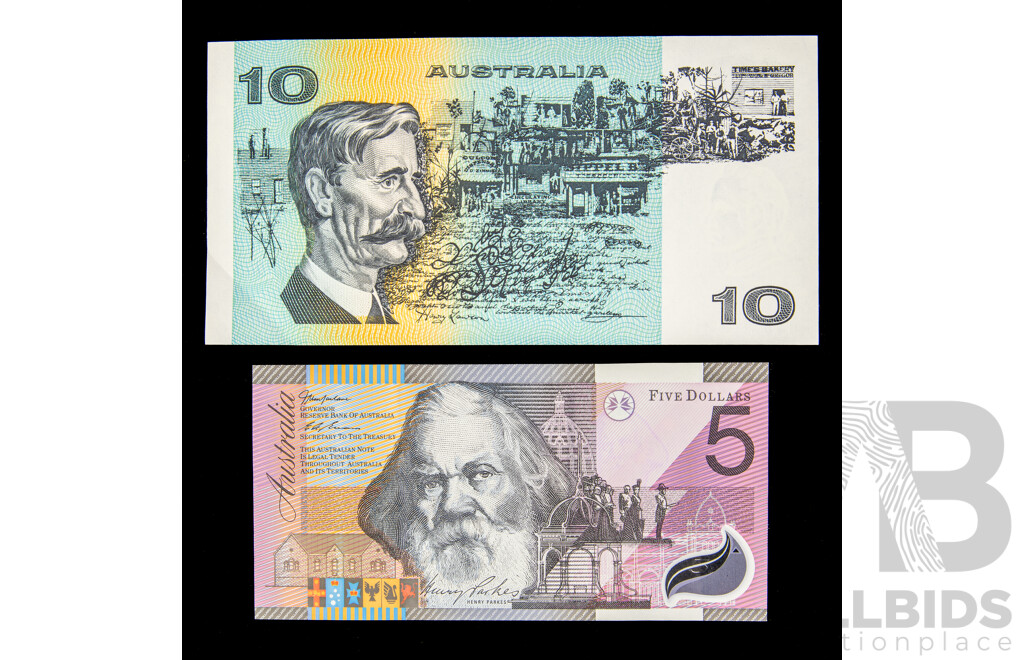 Australian 1985 Ten Dollar Note, Johnston/Fraser R309 USD 261717 and 2001 Five Dollar Note, Macfarlane/Evans R219 1A01792649