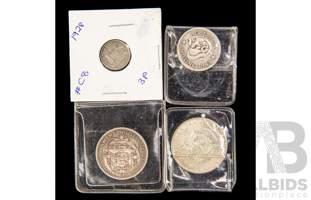Australian Silver Coins Including 1927 KGV Silver Florin, Canberra 1943 Shilling, 1928 Threepence, USA 1965 Kennedy Half Dollar