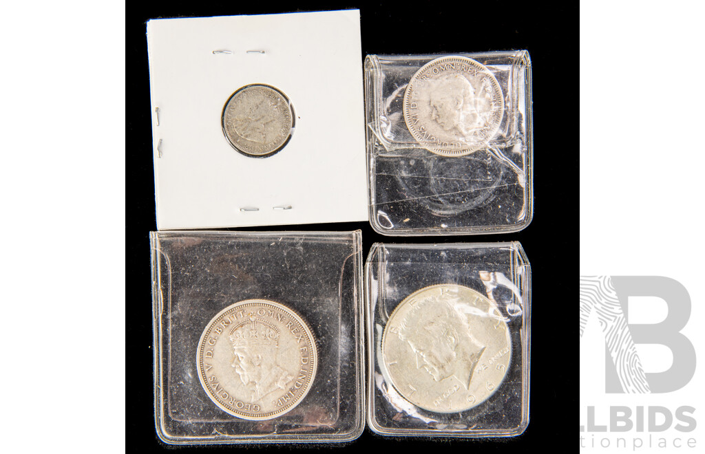 Australian Silver Coins Including 1927 KGV Silver Florin, Canberra 1943 Shilling, 1928 Threepence, USA 1965 Kennedy Half Dollar