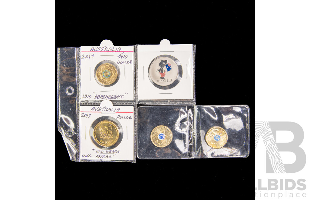 Australian Commemorative Coins Including Two 2025 Two Dollars, Australian Open, 2017 Remembrance, One Dollar One Hundred Years of ANZAC, Blinky Bill Token From Baby Set