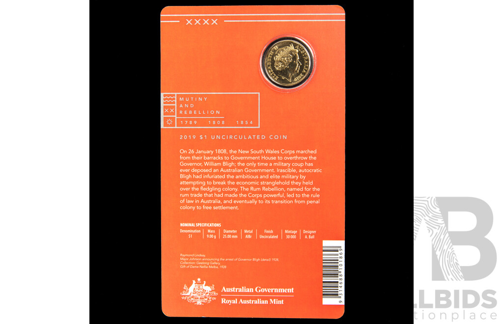 Australian RAM 2019 UNC One Dollar, The Rum Rebellion 1808