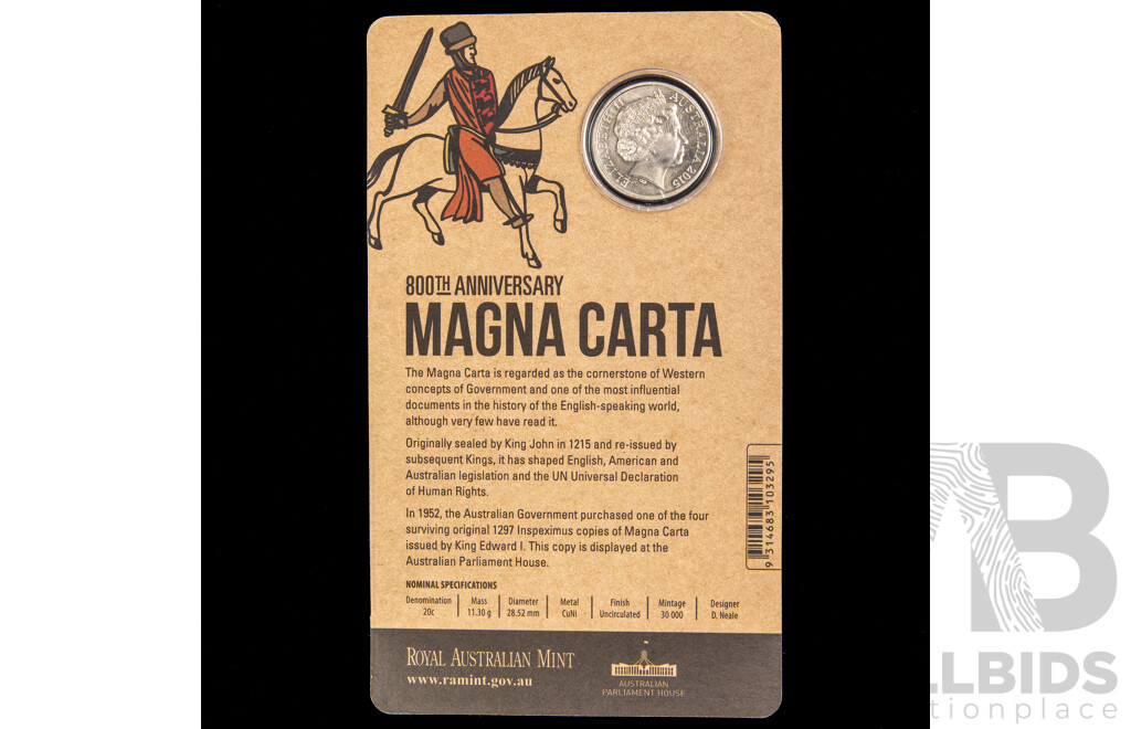 Australian RAM 2015 UNC Twenty Cent Coin, 800th Anniversary Magna Carta