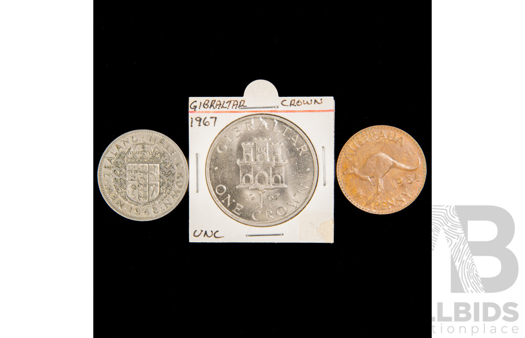 Australian 1964 Penny, New Zealand 1948 Half Crown, Gibraltar 1967 One Crown