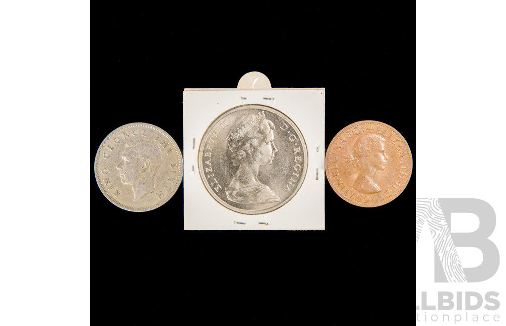Australian 1964 Penny, New Zealand 1948 Half Crown, Gibraltar 1967 One Crown