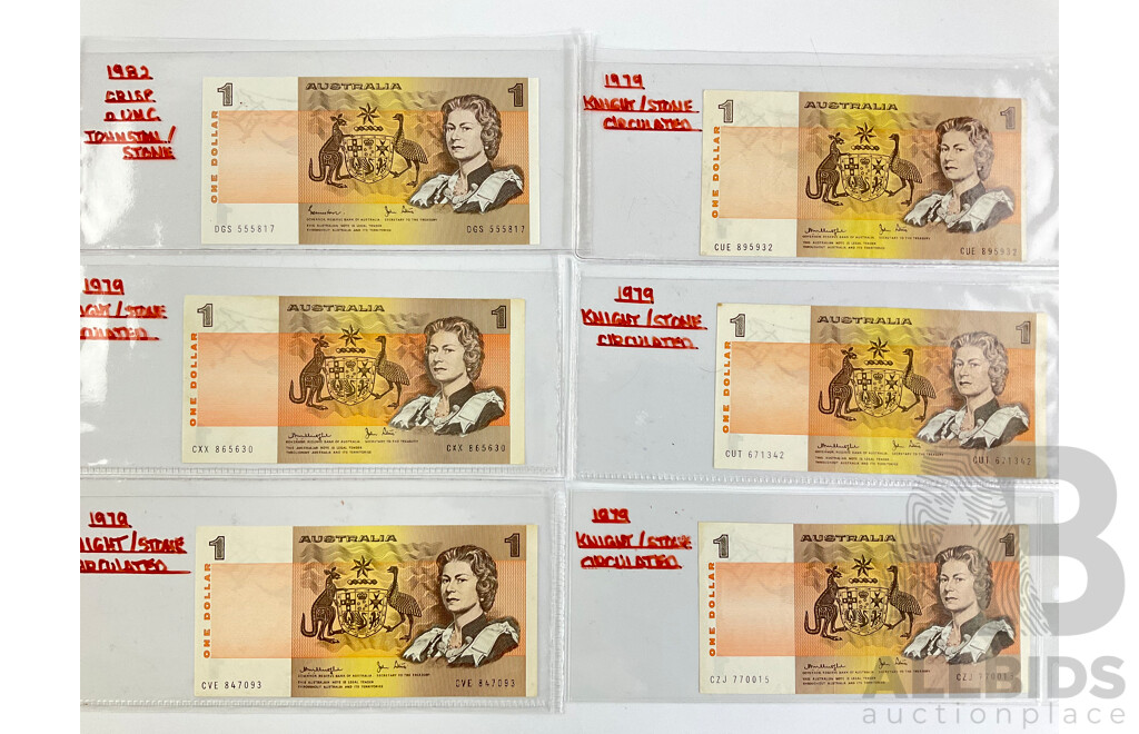 Six Australian One Dollar Notes Including Five1979 Knight/Stone and 1982 Johnston/Stone