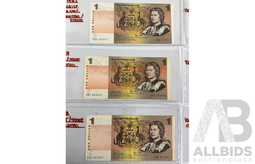 Six Australian One Dollar Notes Including Five1979 Knight/Stone and 1982 Johnston/Stone