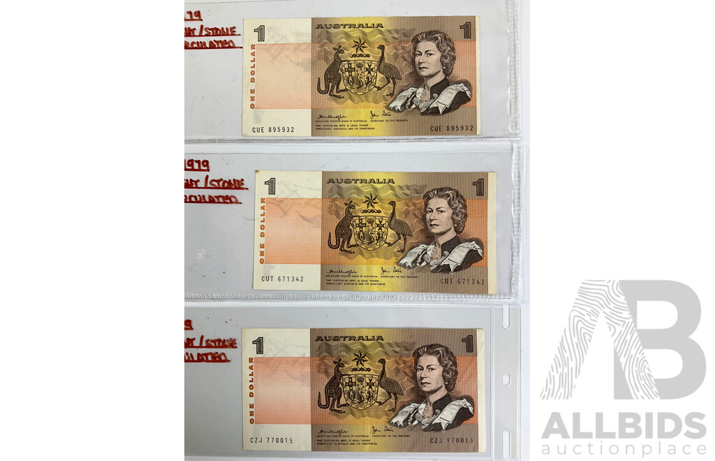 Six Australian One Dollar Notes Including Five1979 Knight/Stone and 1982 Johnston/Stone