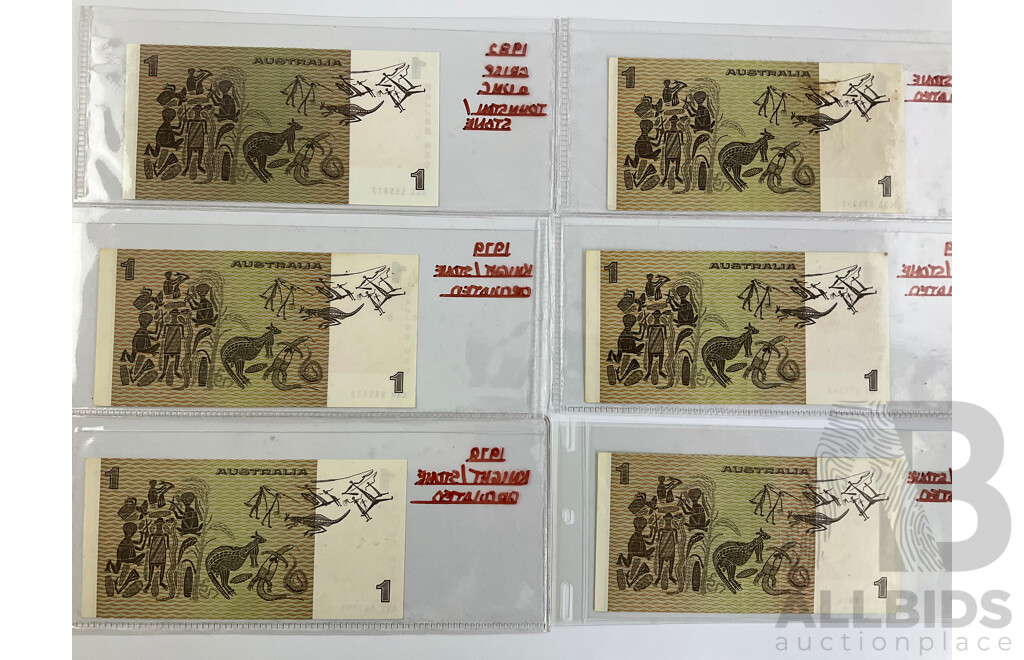 Six Australian One Dollar Notes Including Five1979 Knight/Stone and 1982 Johnston/Stone