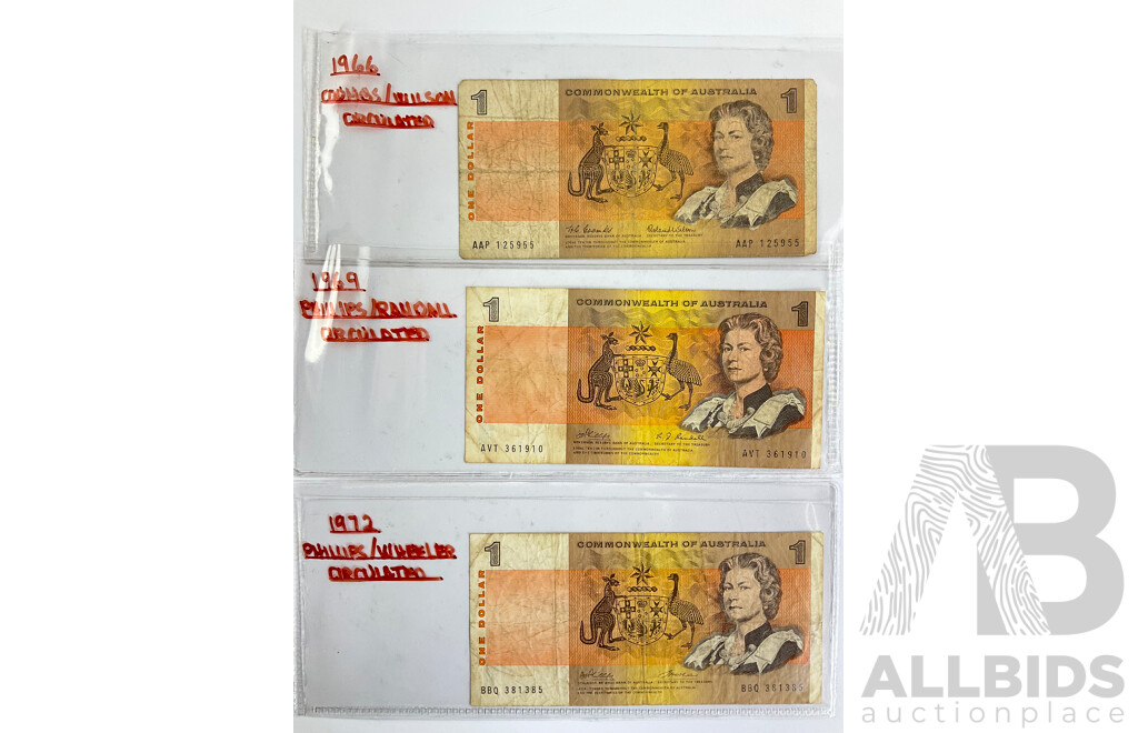 Three Australian COA One Dollar Notes Including 1966 Coombs/Wilson, 1969 Phillips/Randall, 1972 Phillips/Wheeler