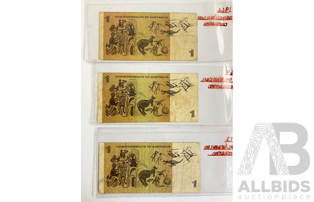 Three Australian COA One Dollar Notes Including 1966 Coombs/Wilson, 1969 Phillips/Randall, 1972 Phillips/Wheeler