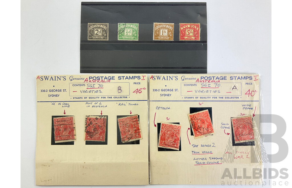Australian Swains KGV Heads Stamps with Great Britain 1910's Postage Due Stamps