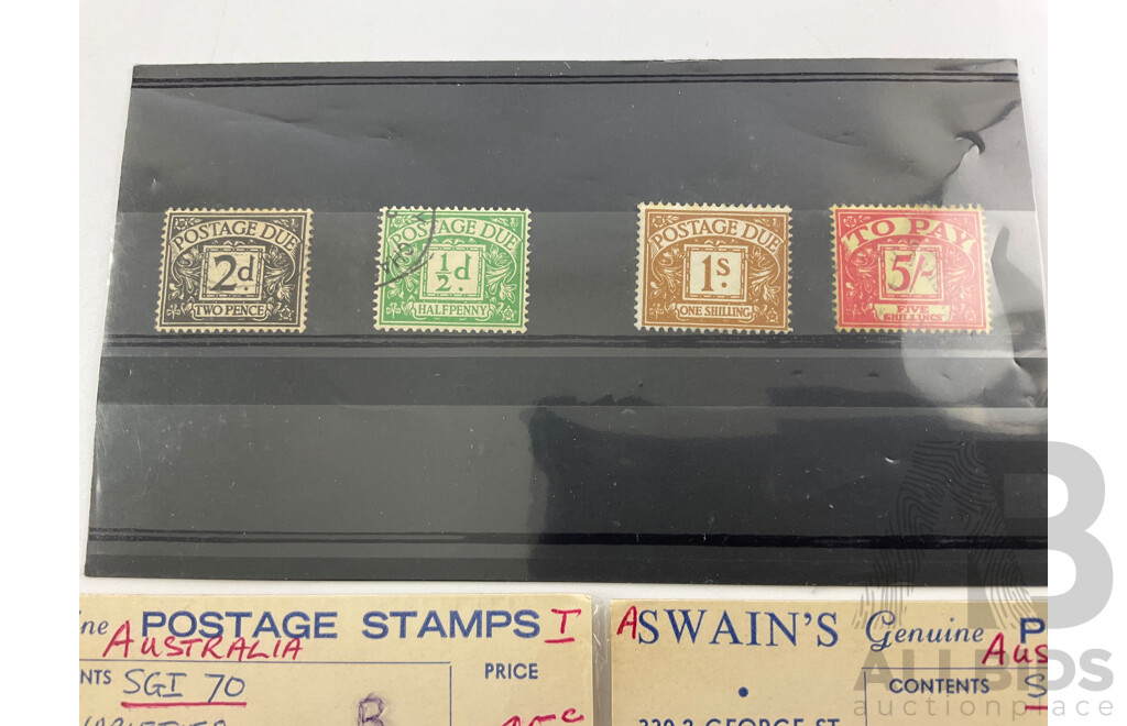Australian Swains KGV Heads Stamps with Great Britain 1910's Postage Due Stamps
