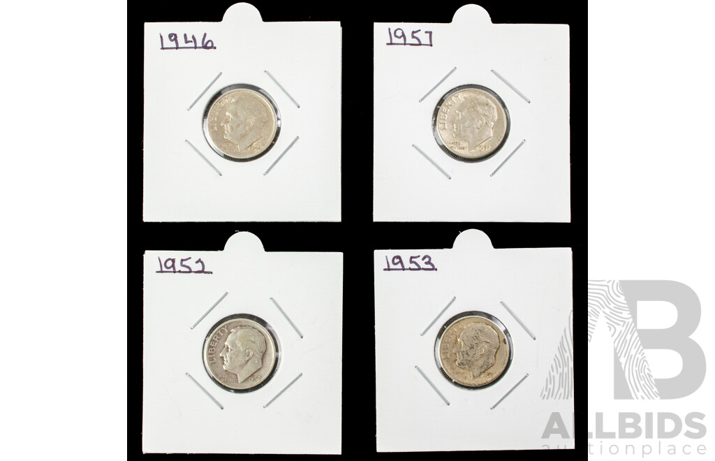 Four USA Silver Dimes, 1946, 1952, 1953, 1957 .900