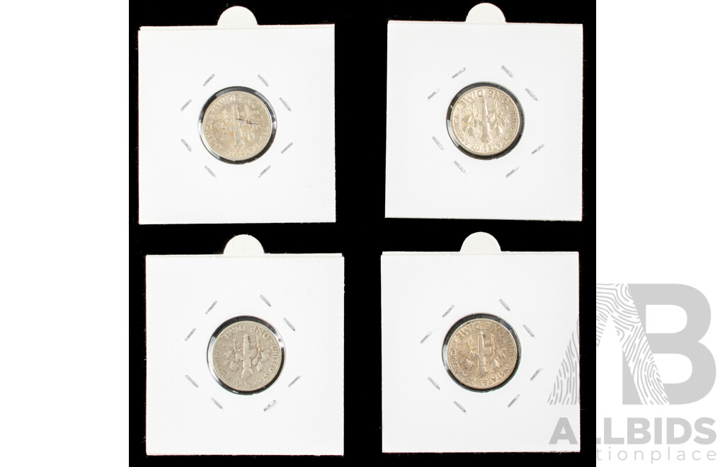 Four USA Silver Dimes, 1946, 1952, 1953, 1957 .900