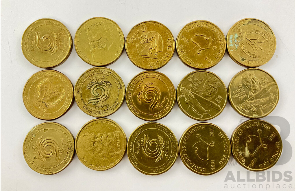 Fifteen Australian Commemorative One Dollar Coins Including 1996, 1997, 1999, 2001, 2002