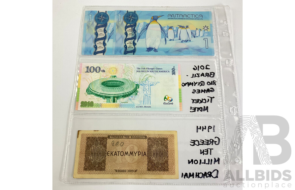 Two Antarctica 2015 One Dollar Notes, Consecutive A08109-A08110, Rio 2016 Olympic Games Ticket Banknote, Greece 1944 Ten Million Drachmai Note