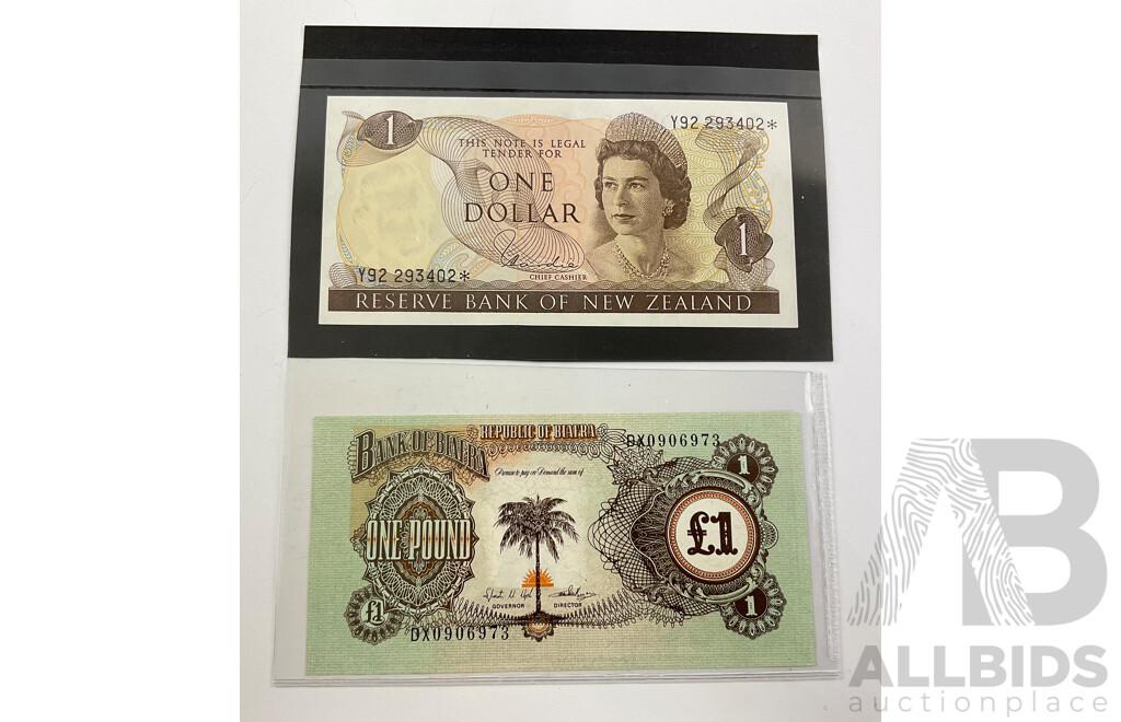 New Zealand 1976 UNC One Dollar Star Note, Y92293402* and Biafra 1968 One Pound Note