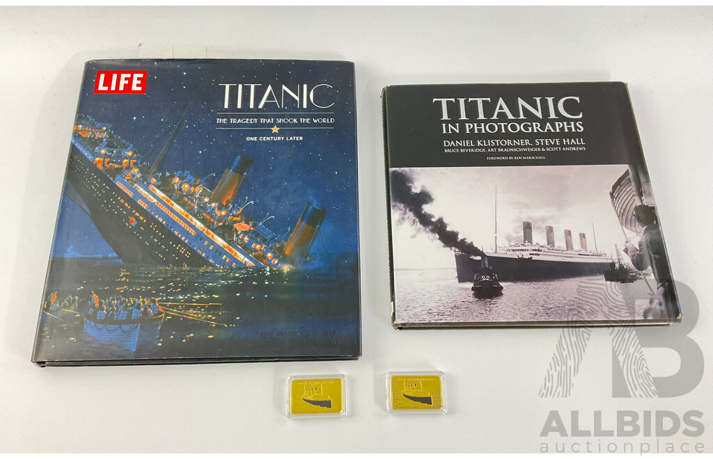 Titanic in Photographs and Titanic-The Tragedy That Shook the World Hard Cover Books with Two Gold Plated Titanic Ingots
