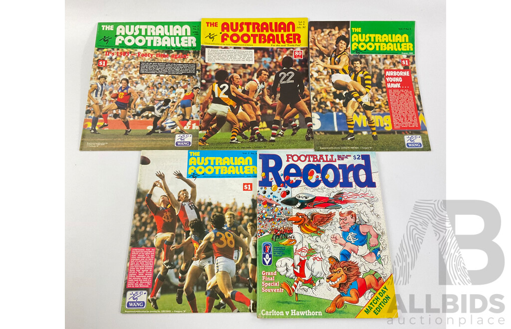 Five Vintage AFL Magazines Including 1986 Football Record and The Australian Footballer 1982/83