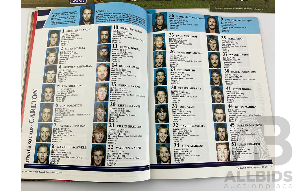 Five Vintage AFL Magazines Including 1986 Football Record and The Australian Footballer 1982/83