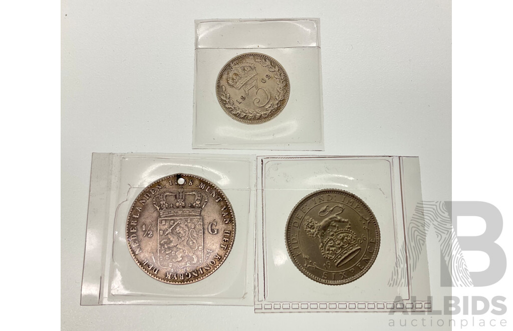 United Kingdom 1926 Silver Sixpence, 1902 Silver Threepence, Netherlands Silver Half Gulden