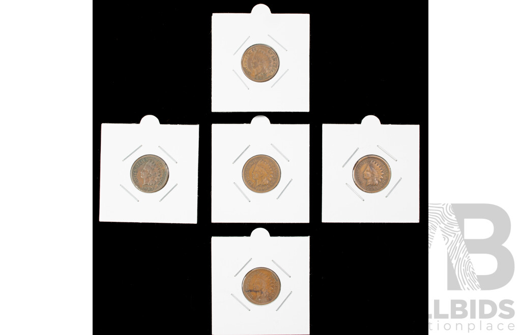 USA 'Indian Head' Pennies 1883, 1887(2), 1895 1907,