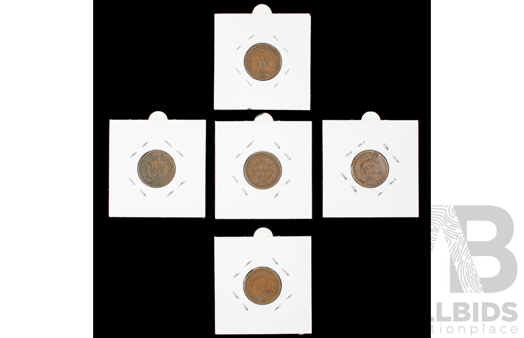 USA 'Indian Head' Pennies 1883, 1887(2), 1895 1907,