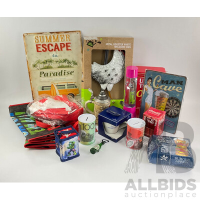 Collection of Collectables Villeroy & Boch, Tin Signs and Rooster, Money Tins, Pop Bags, Barbie Sparkle Lamp