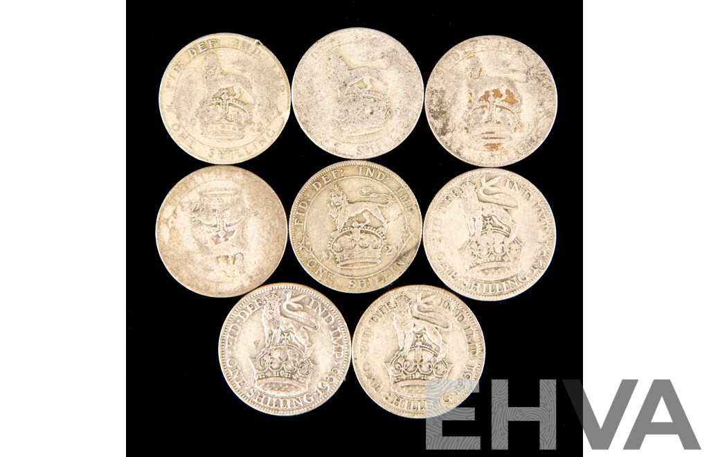 Eight United Kingdom KGV Silver Shillings Including 1921, 1931, 1935 .500