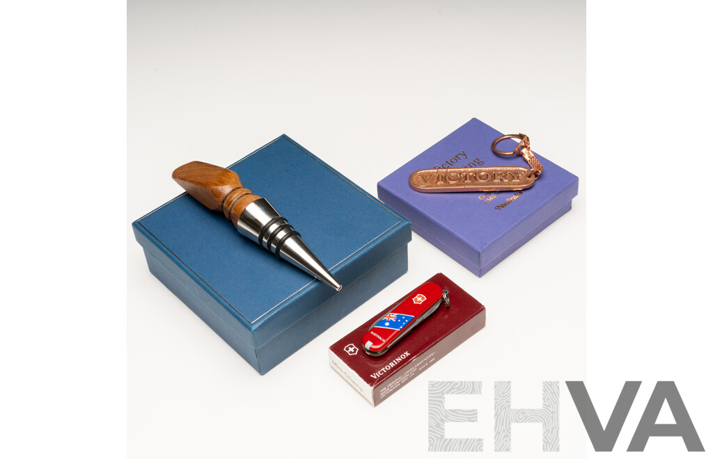 Victorinox Swiss Army Pocket Knife, Souvenier Oak Bottle Stopper & Copper Keyring - Materials Salvaged From HMS Victory