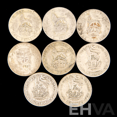 Eight United Kingdom KGV Silver Shillings Including 1921, 1931, 1935 .500