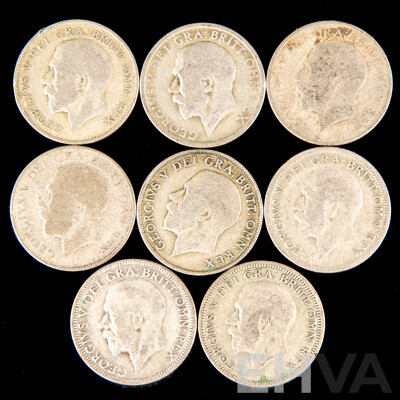Eight United Kingdom KGV Silver Shillings Including 1921, 1931, 1935 .500