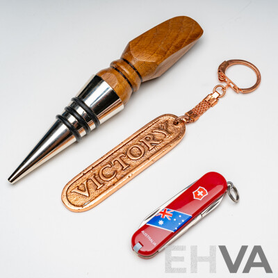 Victorinox Swiss Army Pocket Knife, Souvenier Oak Bottle Stopper & Copper Keyring - Materials Salvaged From HMS Victory