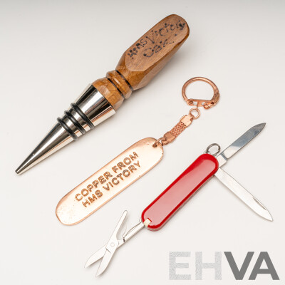 Victorinox Swiss Army Pocket Knife, Souvenier Oak Bottle Stopper & Copper Keyring - Materials Salvaged From HMS Victory