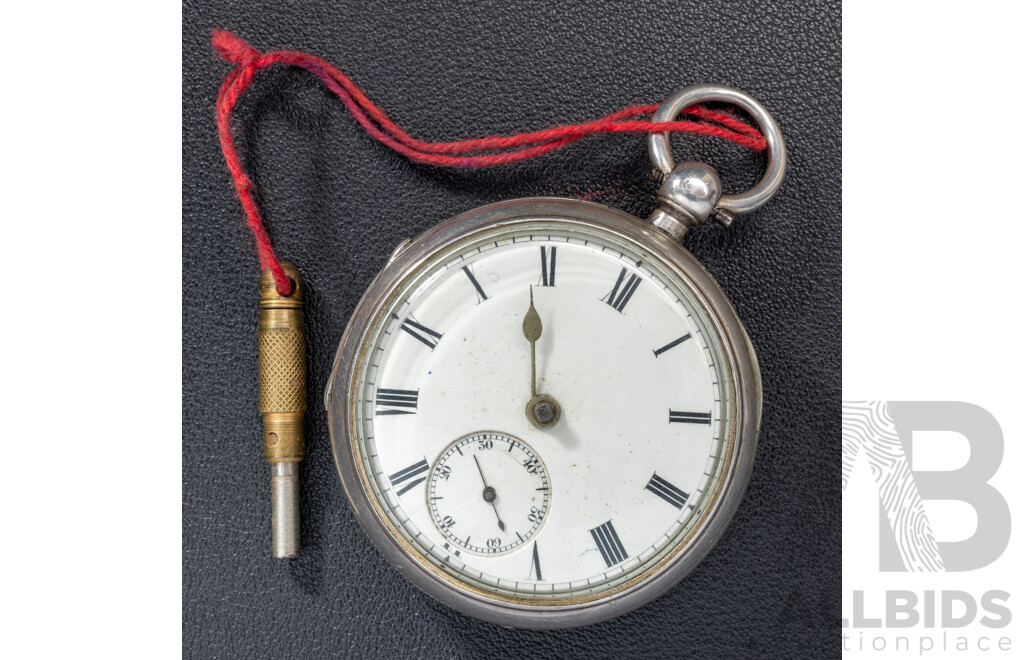Antique Sterling Silver 48mm Open Face Hunter Pocket Watch, with Key, London 1910, 113.0 Grams