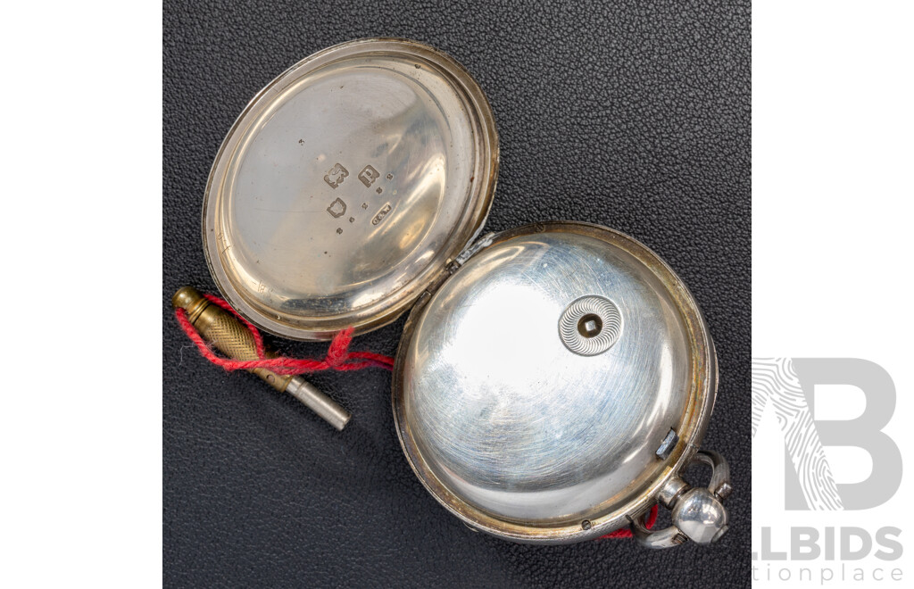 Antique Sterling Silver 48mm Open Face Hunter Pocket Watch, with Key, London 1910, 113.0 Grams