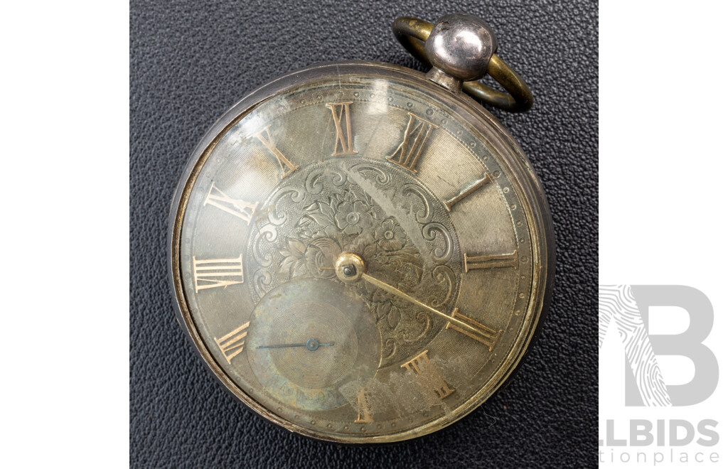 Antique Sterling Silver 48mm Open Face Hunter Pocket Watch, with Floral Motif to Face, London 1841, 109.68 Grams