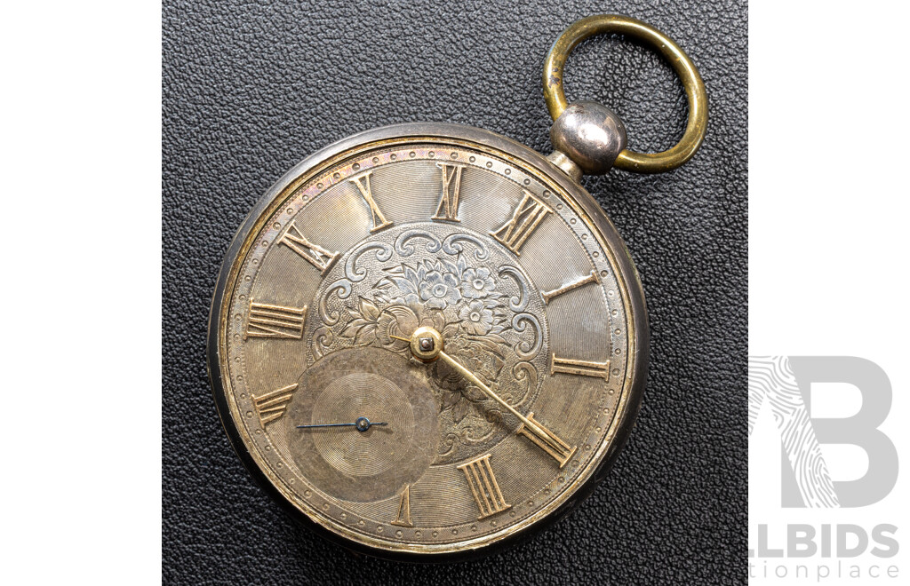 Antique Sterling Silver 48mm Open Face Hunter Pocket Watch, with Floral Motif to Face, London 1841, 109.68 Grams